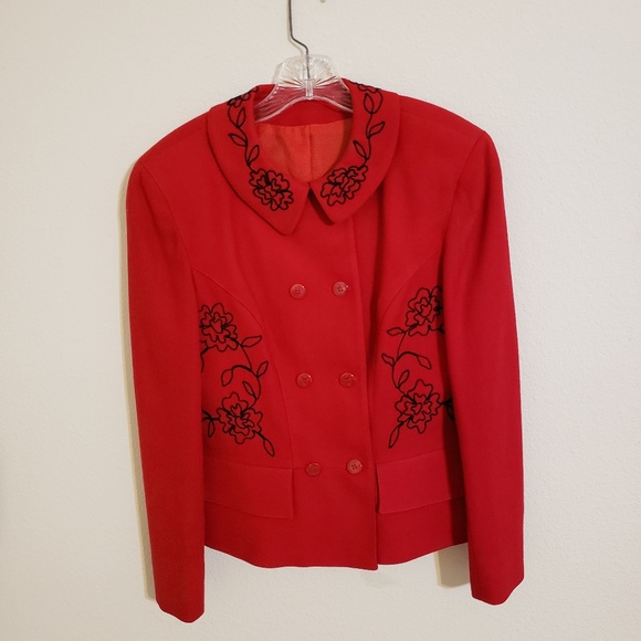 Bright Red with Black Floral Vintage Wool Coat - Picture 1 of 7